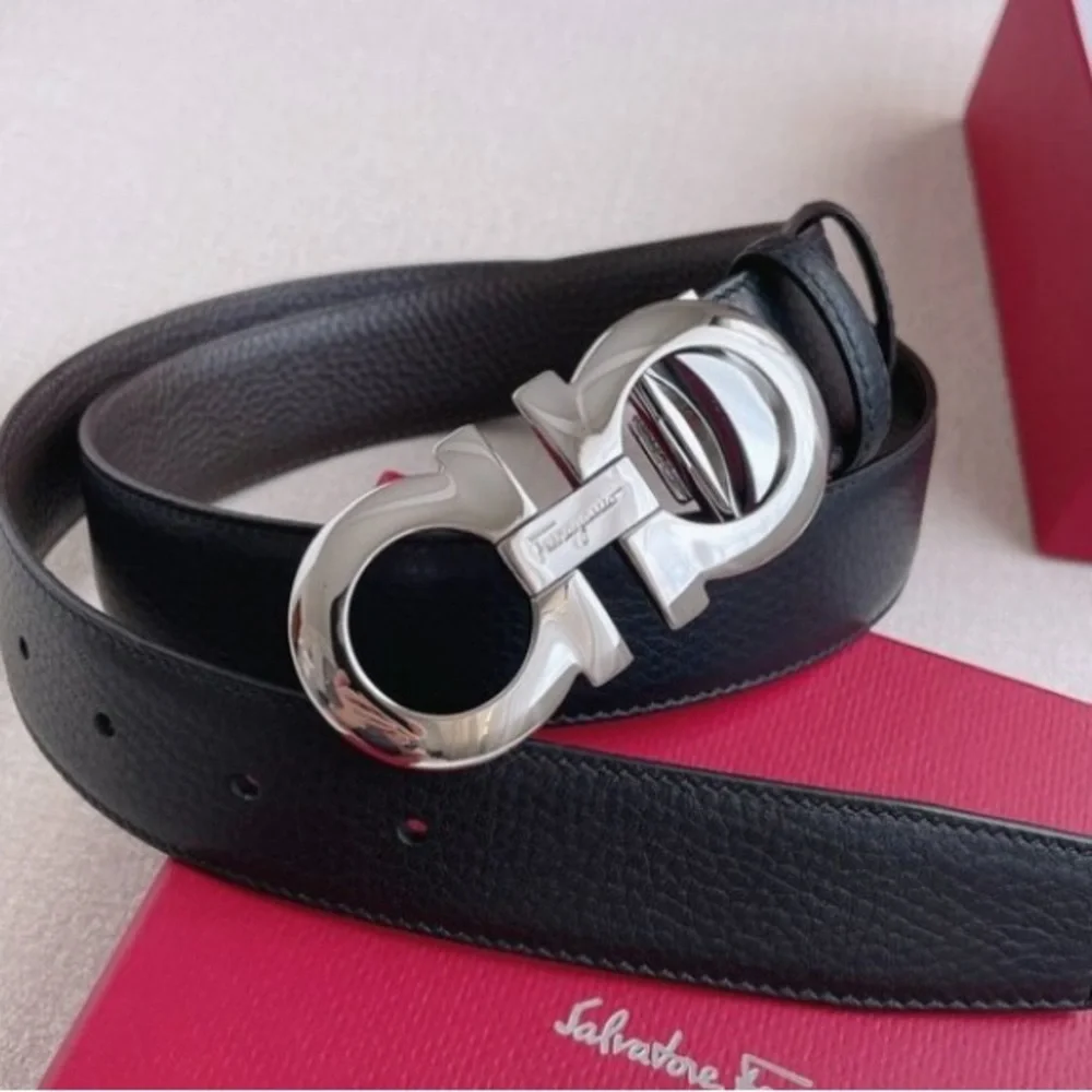 Salvatore Ferragamo Black Leather Belt with Silver Buckle